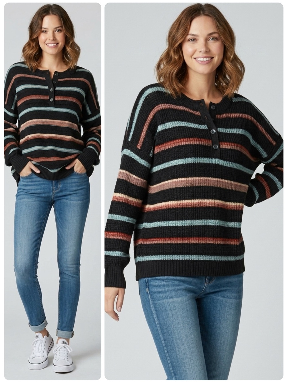 American Eagle Multicolor Striped Oversized Waffle Knit Henley Size Small